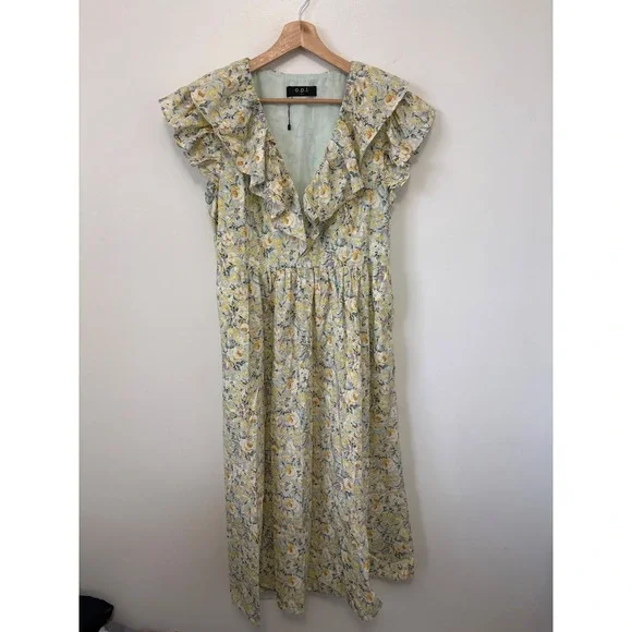 O.p.t. Kate Floral Poplin Ruffle V-Neck Dress – Multicolor – Size L - Picture 2 of 5